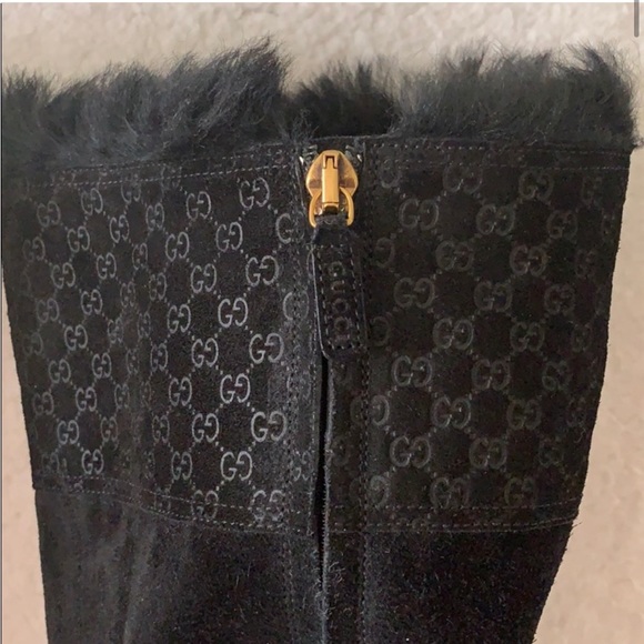 GUCCI Black Suede Courtney Microguccissima Logo Wedge Knee High Boots 37.5 - Picture 10 of 11